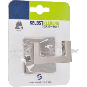 Siro Haken 2331, selbstklebend, edelstahlfarbig, glänzend. Garderobenhaken aus Metall mit 2 Aufhängemöglichkeiten.