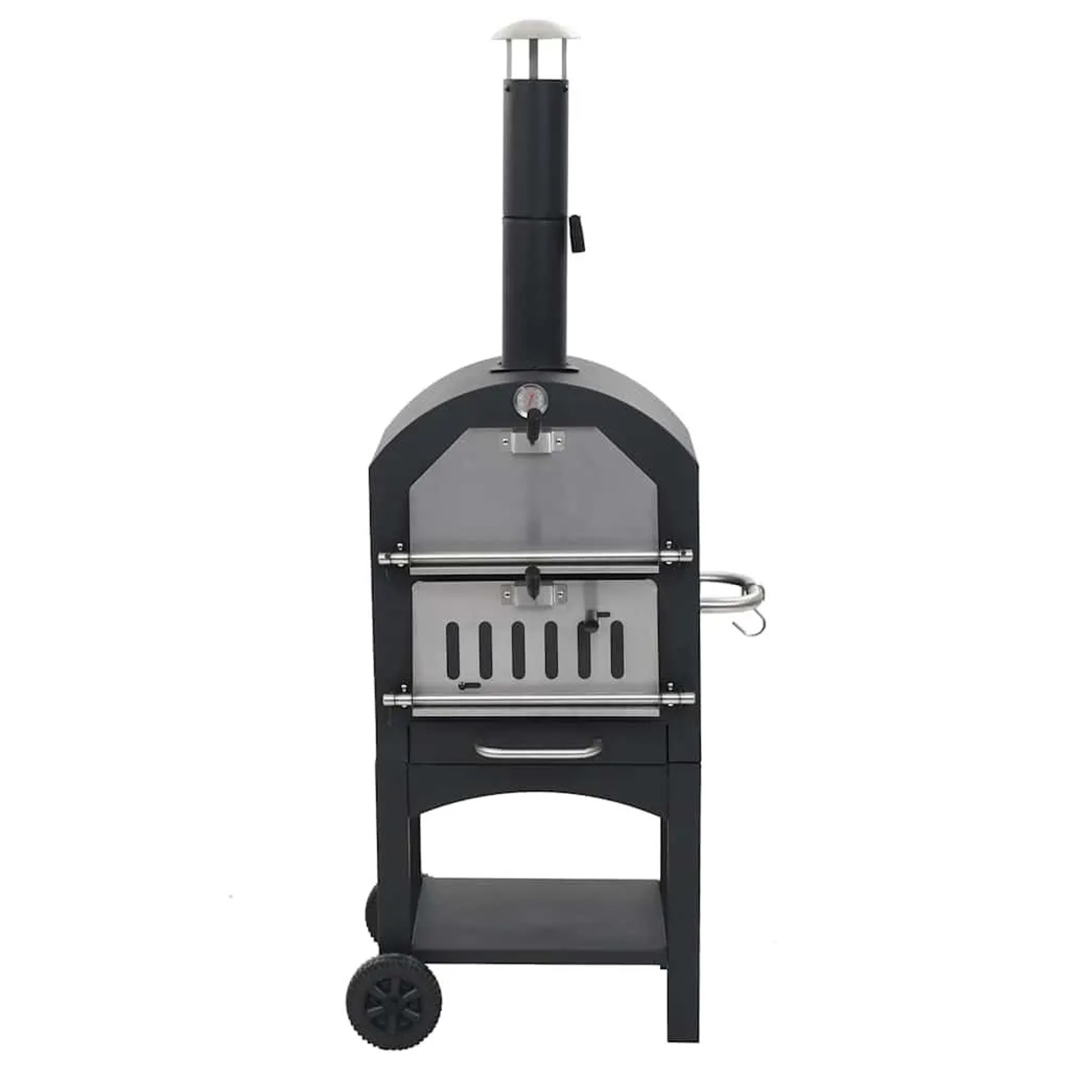 vidaXL Holzkohle Pizzaofen mit Schamottstein, schwarz, mit Thermometer und Rädern.