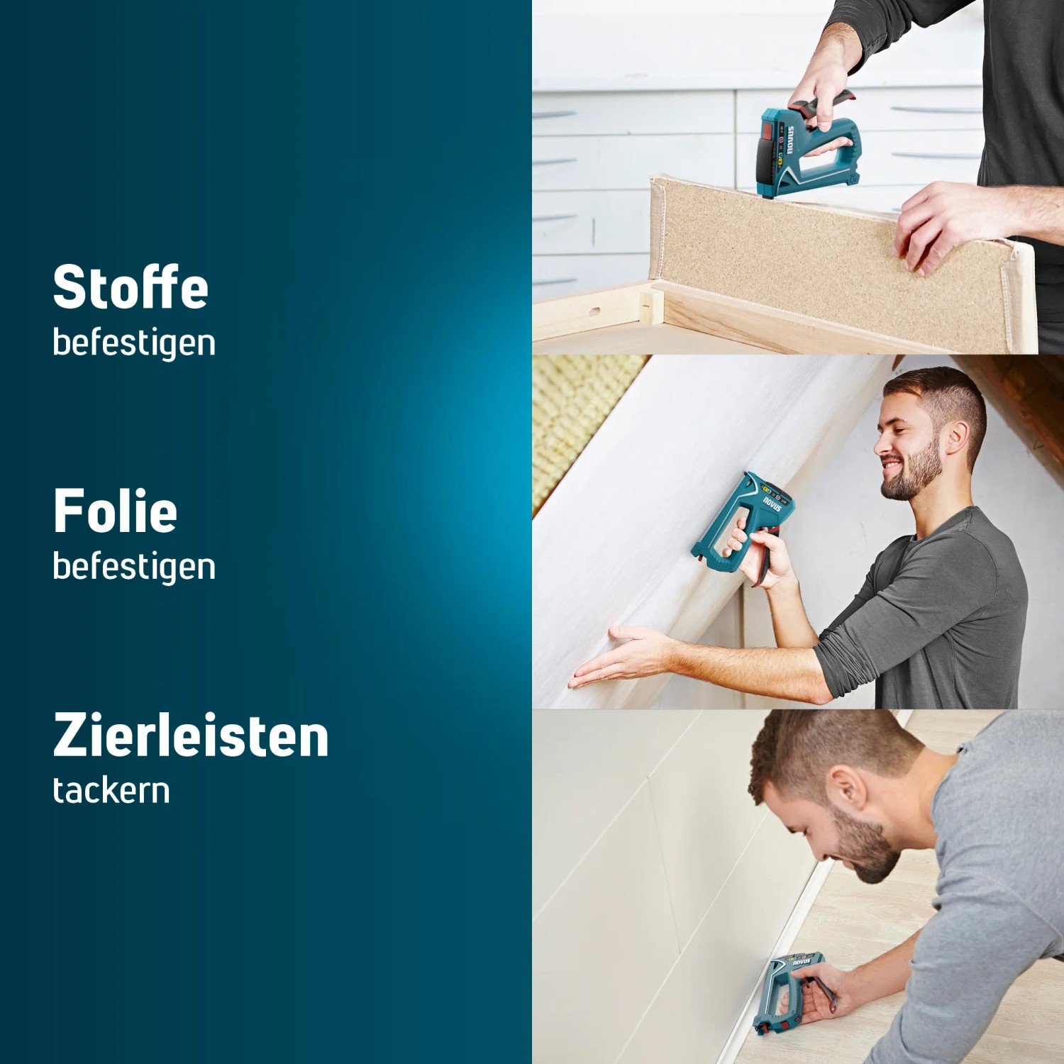 Novus Handtacker J-17 in Aktion: Stoffe, Folien und Zierleisten befestigen mit dem Profi-Tacker.