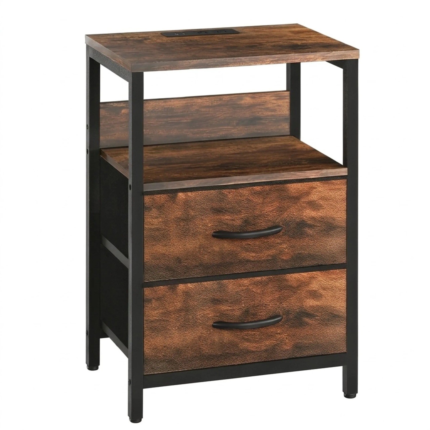 Relaxdays Beistelltisch MDF Eisen Braun Schwarz Mit USB-Anschluss 60 cm x 40 cm x 30 cm