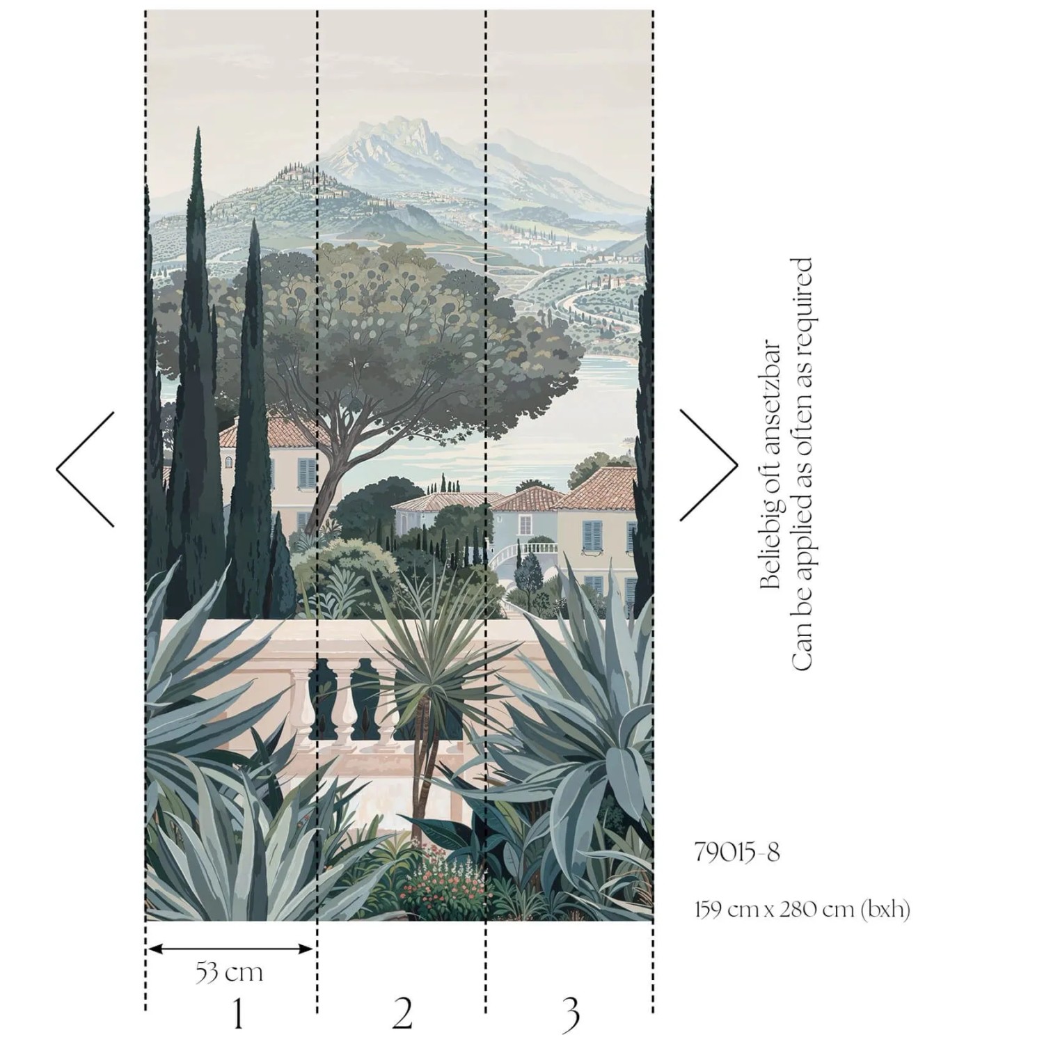 Fototapete mit Architekturmotiv in Blau, Creme und Beige, 1,59x2,8 m.