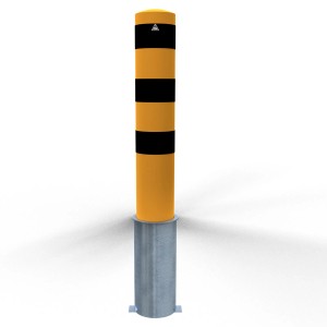 Herausnehmbarer Stahlrohrpoller, 1500 mm, gelb-schwarz, zur flexiblen Absperrung.
