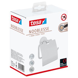 Verpackung: Tesa Nooblesse Toilettenpapierhalter mit Deckel in Edelstahloptik.