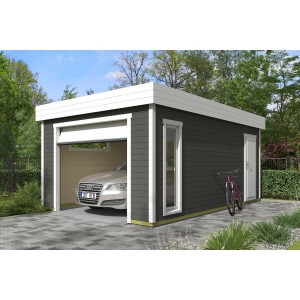 Moderne, grau-grüne Lasita Garage Bahamas 2 mit Sektionaltor und Auto. Ideal als Fertiggarage oder Werkstatt.