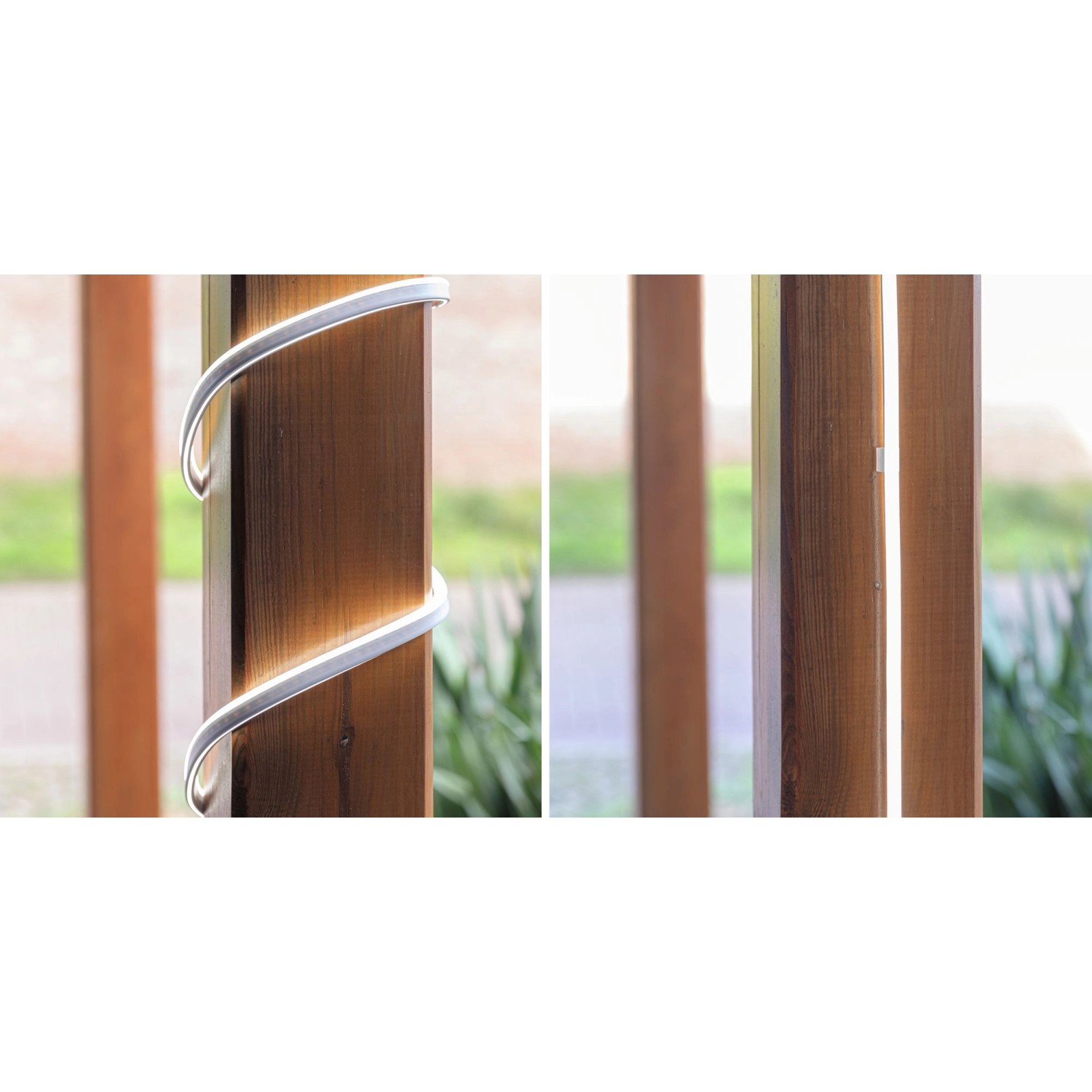 Paulmann SimpLED Outdoor Strip Set, 3m LED-Streifen in Tageslichtweiß, gewunden um einen Holzpfosten.