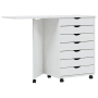 Weißer vidaXL Rollschrank MOSS mit Schreibtisch aus Kiefernholz und 7 Schubladen.