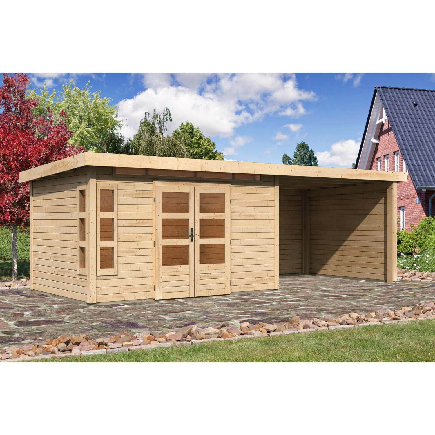 Karibu Holz-Gartenhaus/Gerätehaus Kastberg Naturbelassen Flachdach 360 cm x 240 cm