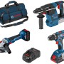 Bosch Professional Akku-Kombi-Kit: Winkelschleifer, Bohrhammer, 2 Akkus, Ladegerät und Tasche.