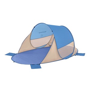 Bestway Pop Up Strandmuschel Beach Quick 2 in blau und beige, aufgebaut.
