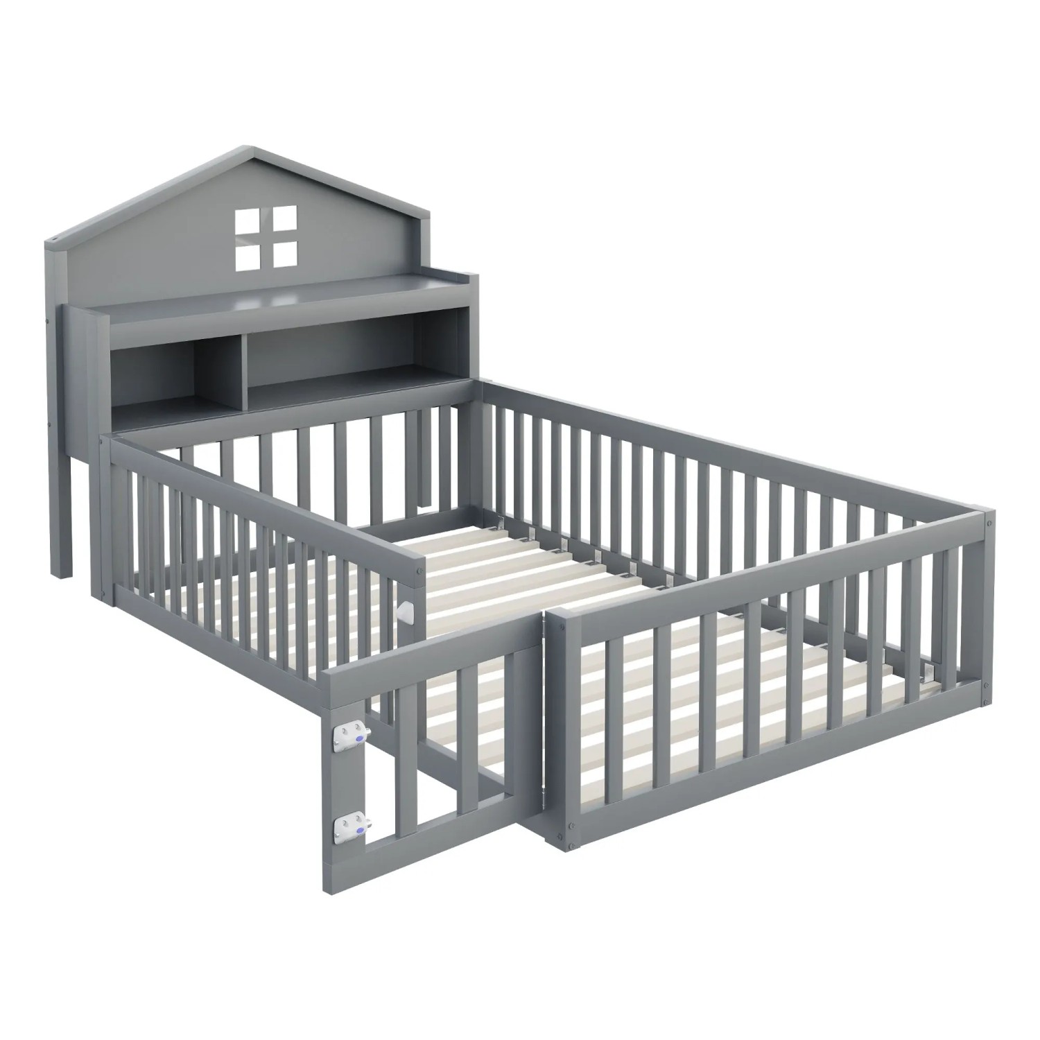 Merax Kinderbett 90x200cm Massivholz Hausbett Stauraum Grau
