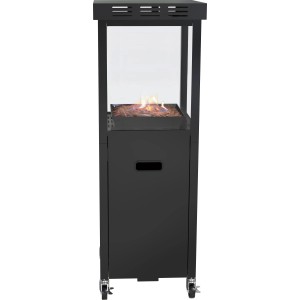 Anthrazitfarbener Gaskamin Ridera mit Panoramaglas und Lava-Deko-Steinen. Terrassenheizer mit Rollen.