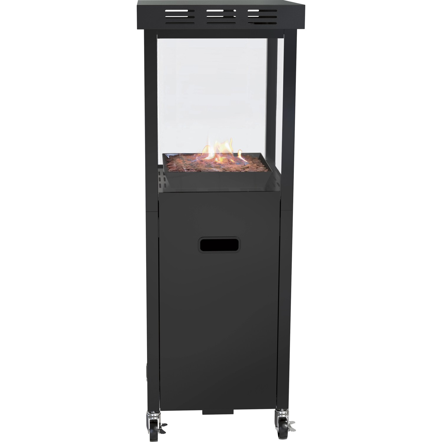 Anthrazitfarbener Gaskamin Ridera mit Panoramaglas und Lava-Deko-Steinen. Terrassenheizer mit Rollen.
