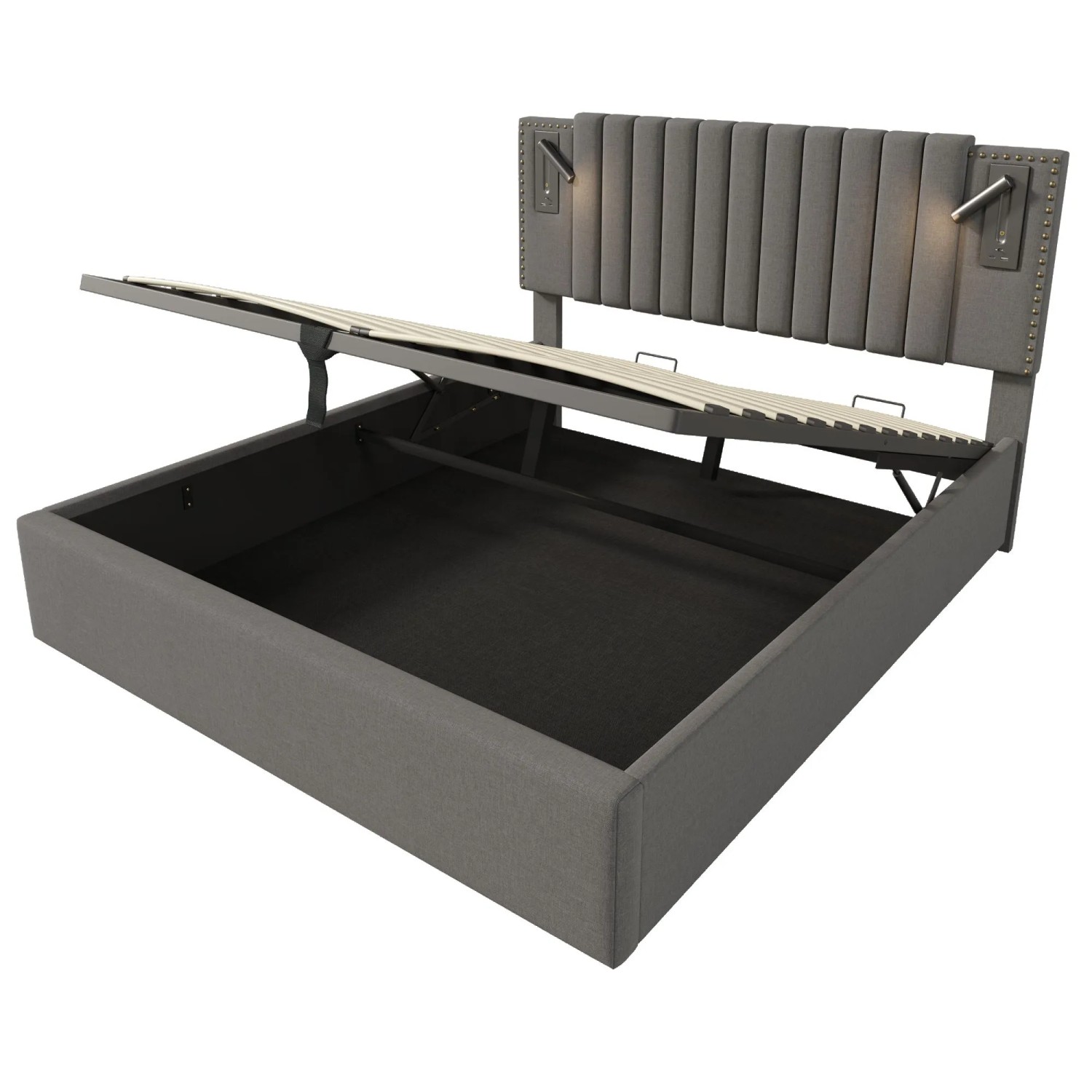 Merax Polsterbett 160x200cm Stauraum USB Grau Baumwolle
