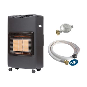 Dunkelgrauer Sannover Loros Infrarot Gasheizofen 4200W auf Rollen, mit leuchtendem Keramikbrenner, Gasregler & Schlauch.