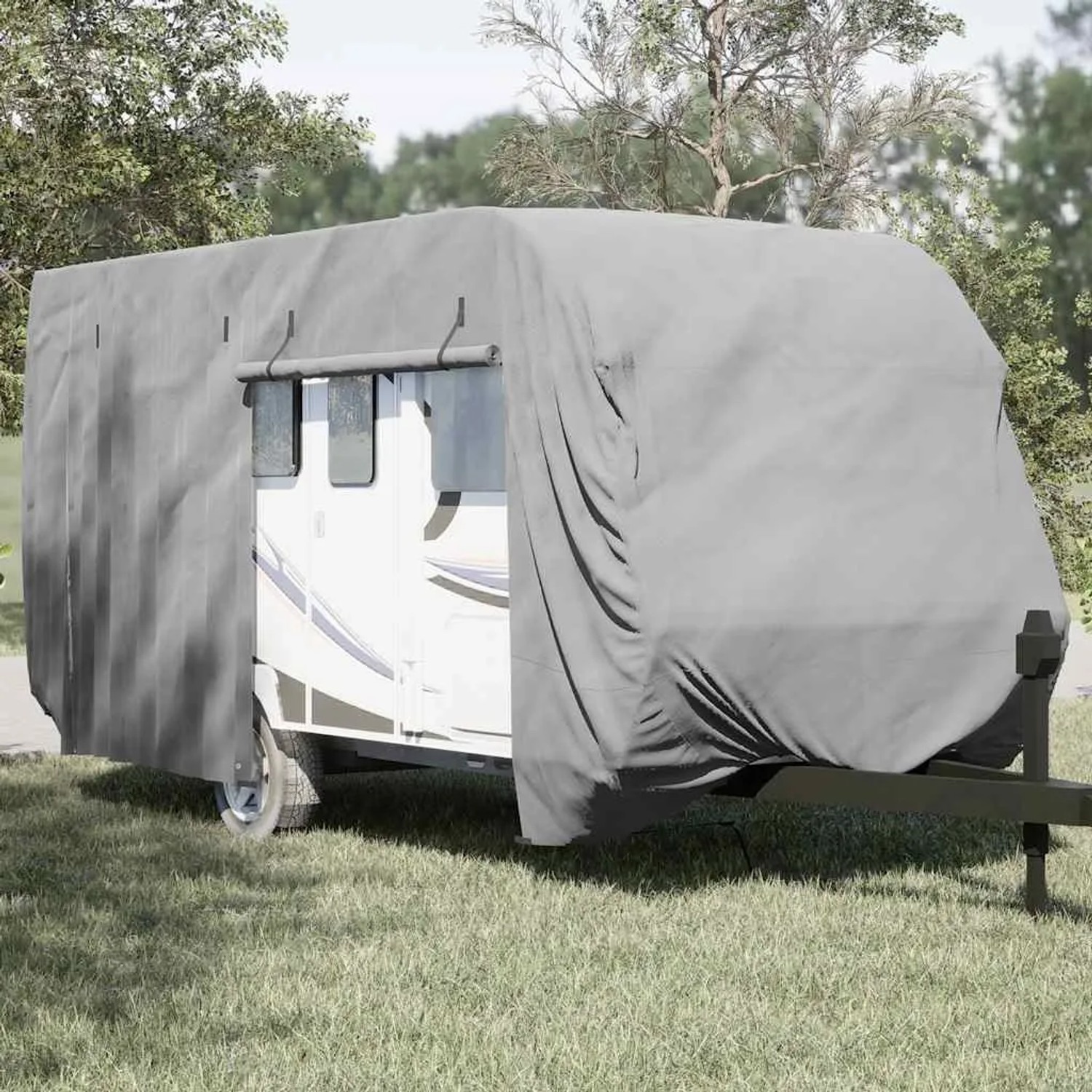Graue vidaXL Schutzhülle für Wohnwagen, 670x250x220 cm, aus Vliesstoff. Allwetterschutz für Caravan.