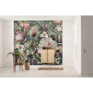 Komar Vlies Fototapete Monsterawelt, tropische Blätter und Blüten in Grüntönen, 300x280 cm.