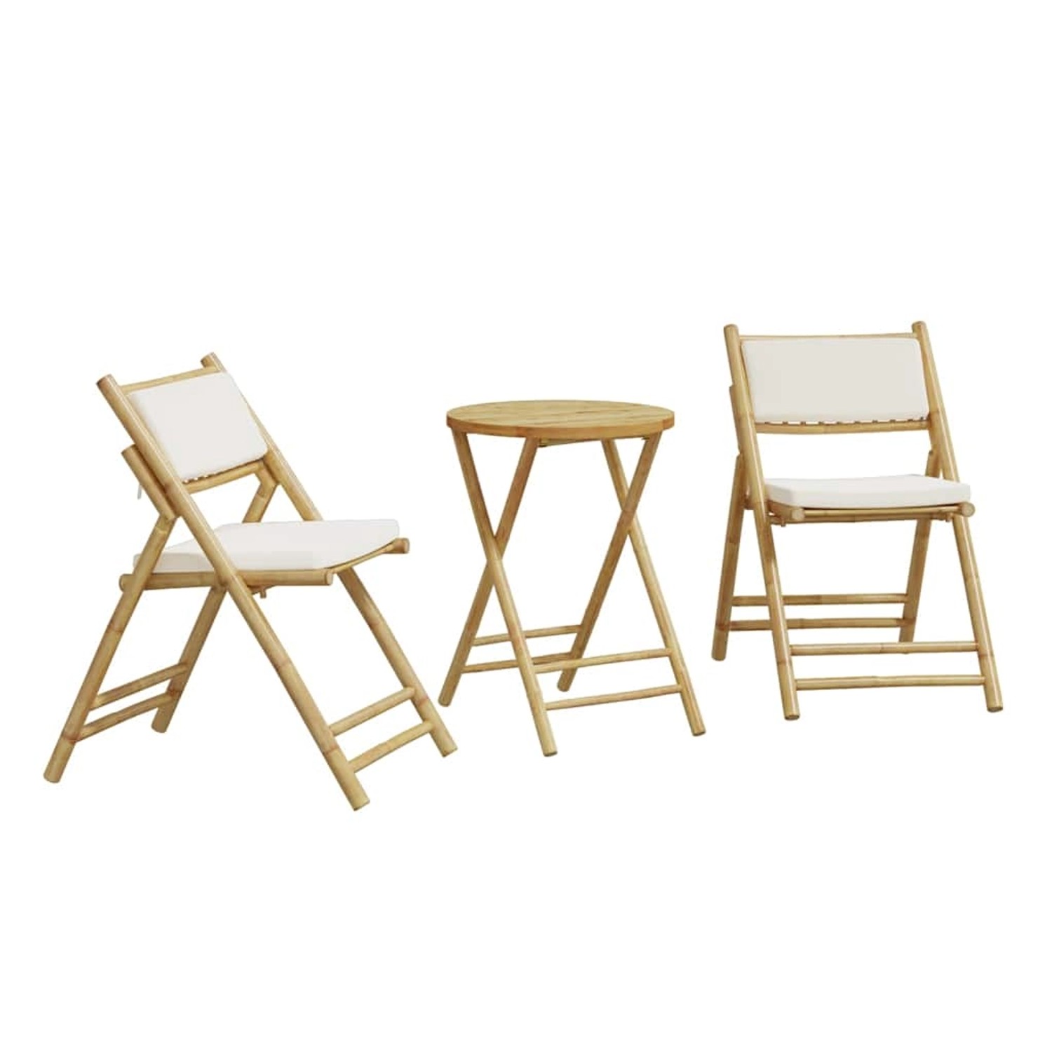 vidaXL 3-Tlg Bistro-Set Klappbar mit Cremeweißen Kissen Bambus 365872