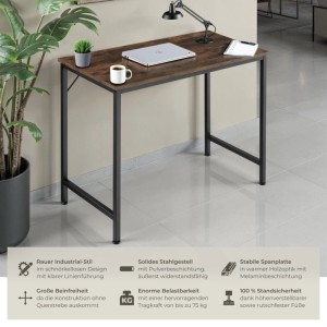 Tectake Schreibtisch Jenkins Industrial Style Holz und Stahl  60 x 120 x 75 50 cm Industrial Holz Dunkel  Rustikal