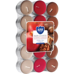 30 Duftkerzen Apfel-Zimt im Teelichtformat, verschiedene Farben.