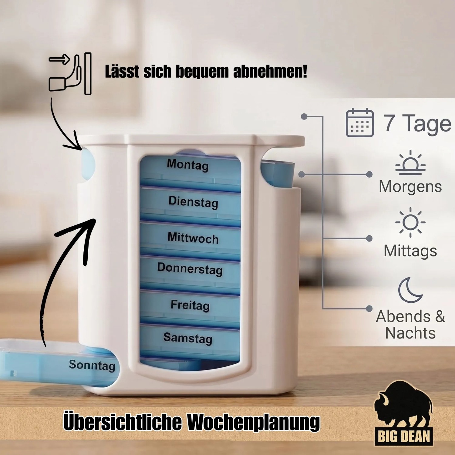 BigDean 10 Stück Tablettenbox 7 Tage Vorteilspack 4 Fächern Pro Tag Morgens Mittags Abends Nachts Medikamentenbox Wochenbox BPA Frei