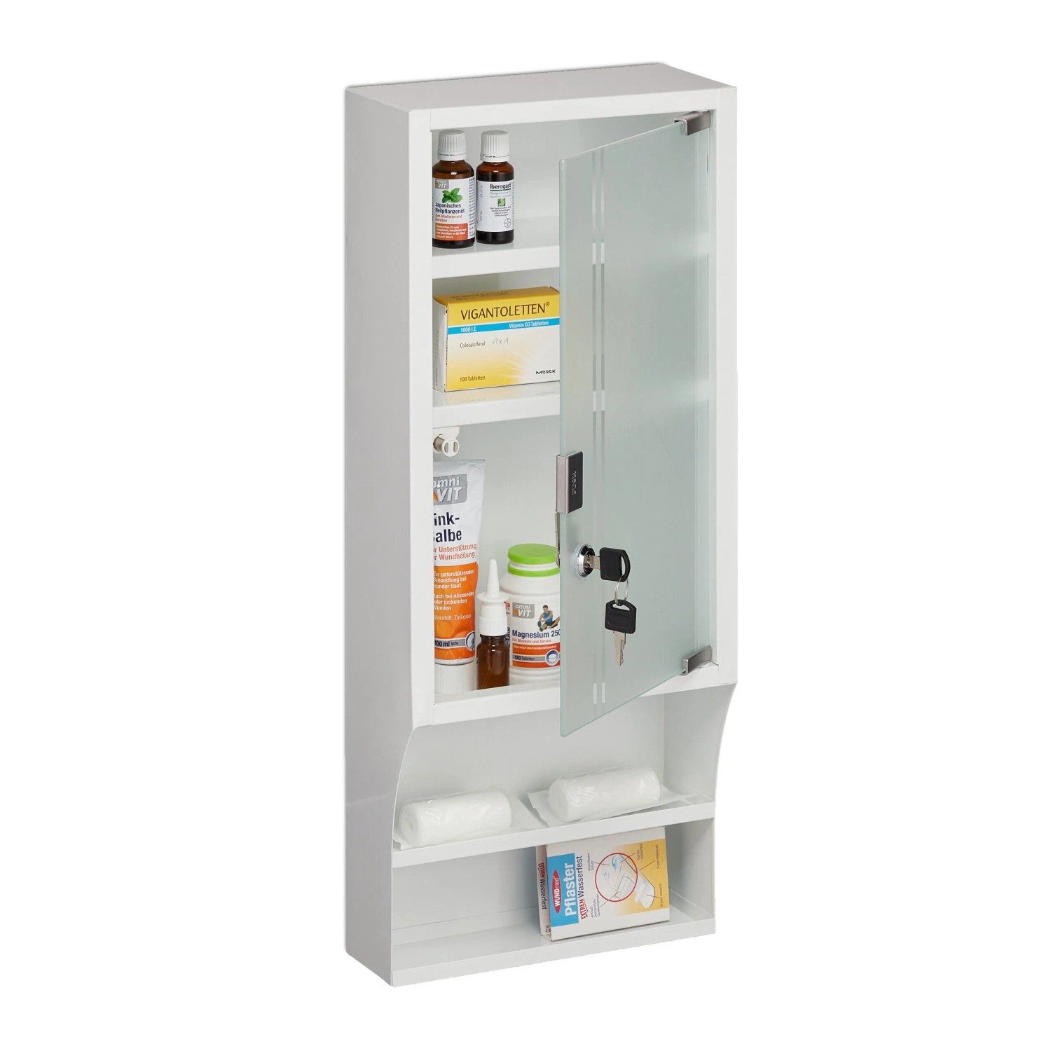 Relaxdays Medizinschrank mit Glastür Stahl Glas Weiß Abschließbar 65 cm x 27 cm x 12 cm 3,4 kg