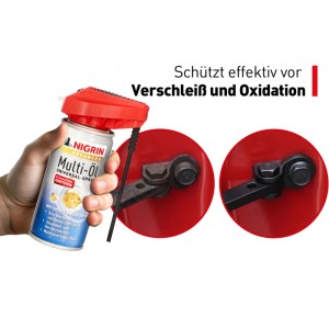 Nigrin Multi-Öl 250ml: Universalspray schützt vor Verschleiß und Oxidation, Anwendungsbeispiel.