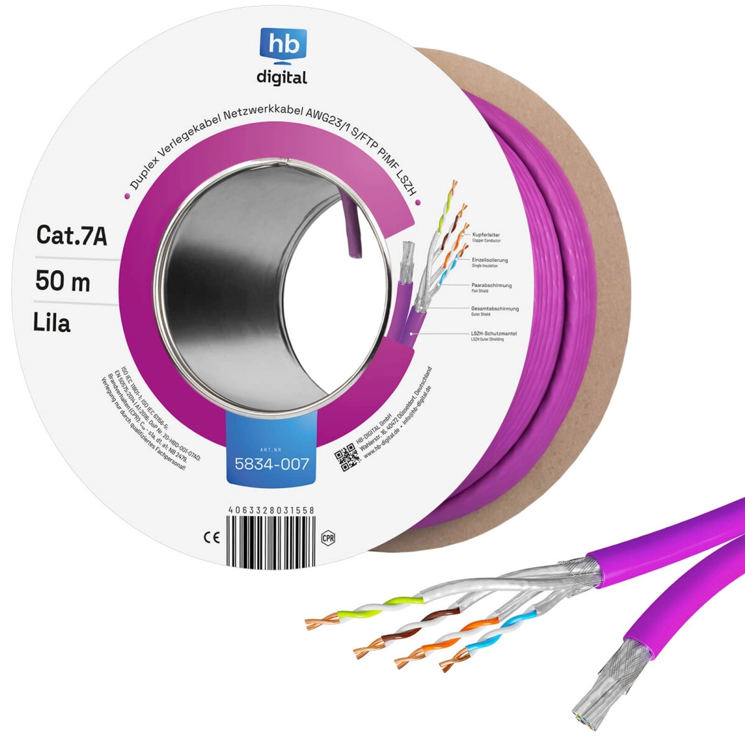 hb-digital CAT 7a Verlegekabel Duplex Installationskabel max. 1200