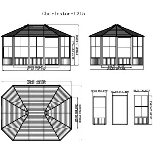 Technische Zeichnung: Sojag Pavillon Charleston 384x489 cm mit Maßangaben.
