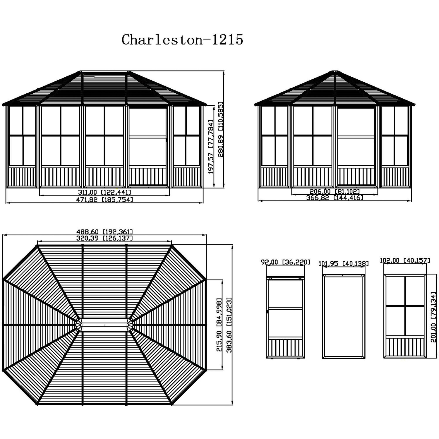 Technische Zeichnung: Sojag Pavillon Charleston 384x489 cm mit Maßangaben.