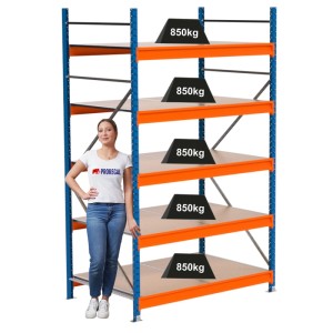 PROREGAL Weitspannregal MAXIMUS PRO Grundregal, blau/orange, mit 5 Spanplatten-Fachböden und einer Fachlast von 850kg.