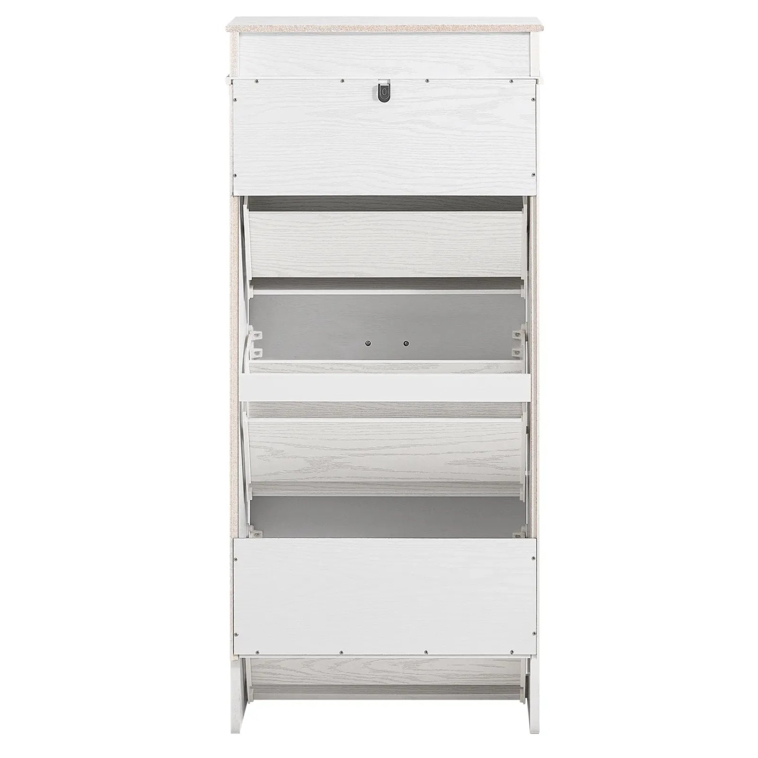 Schmaler SoBuy Schuhschrank, weißes Holzdekor, 3 Klappen, 2 geöffnet, zeigt Innenfächer für Schuhe.