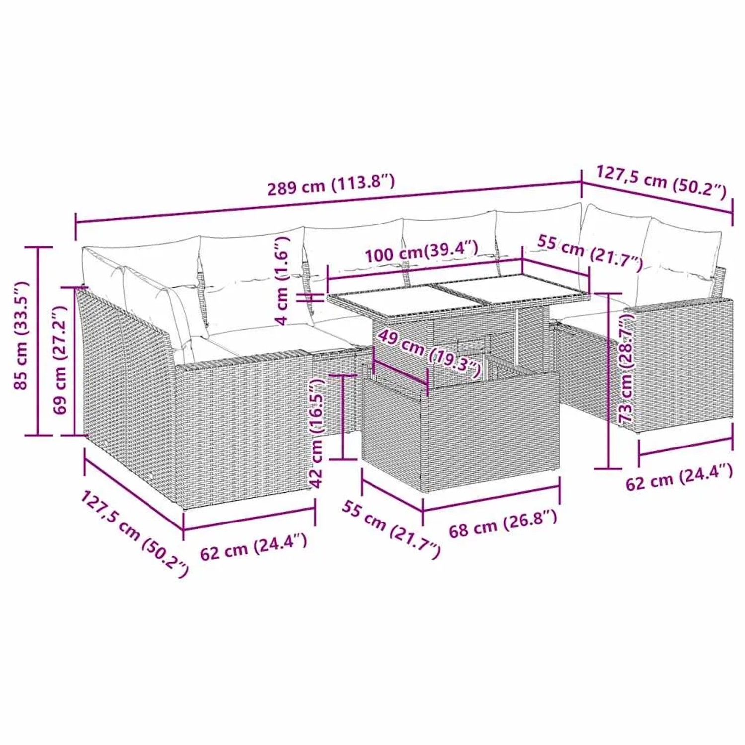 vidaXL 8-tlg. Garten-Sofagarnitur Beige Poly Rattan mit Maßen. Gartenmöbel Set mit Tisch und Kissen.