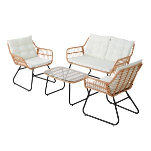 Svita Capri Balkonmöbel-Set, 4-teilige Gartenlounge aus Polyrattan in Natur mit Tisch, Bank und 2 Stühlen.