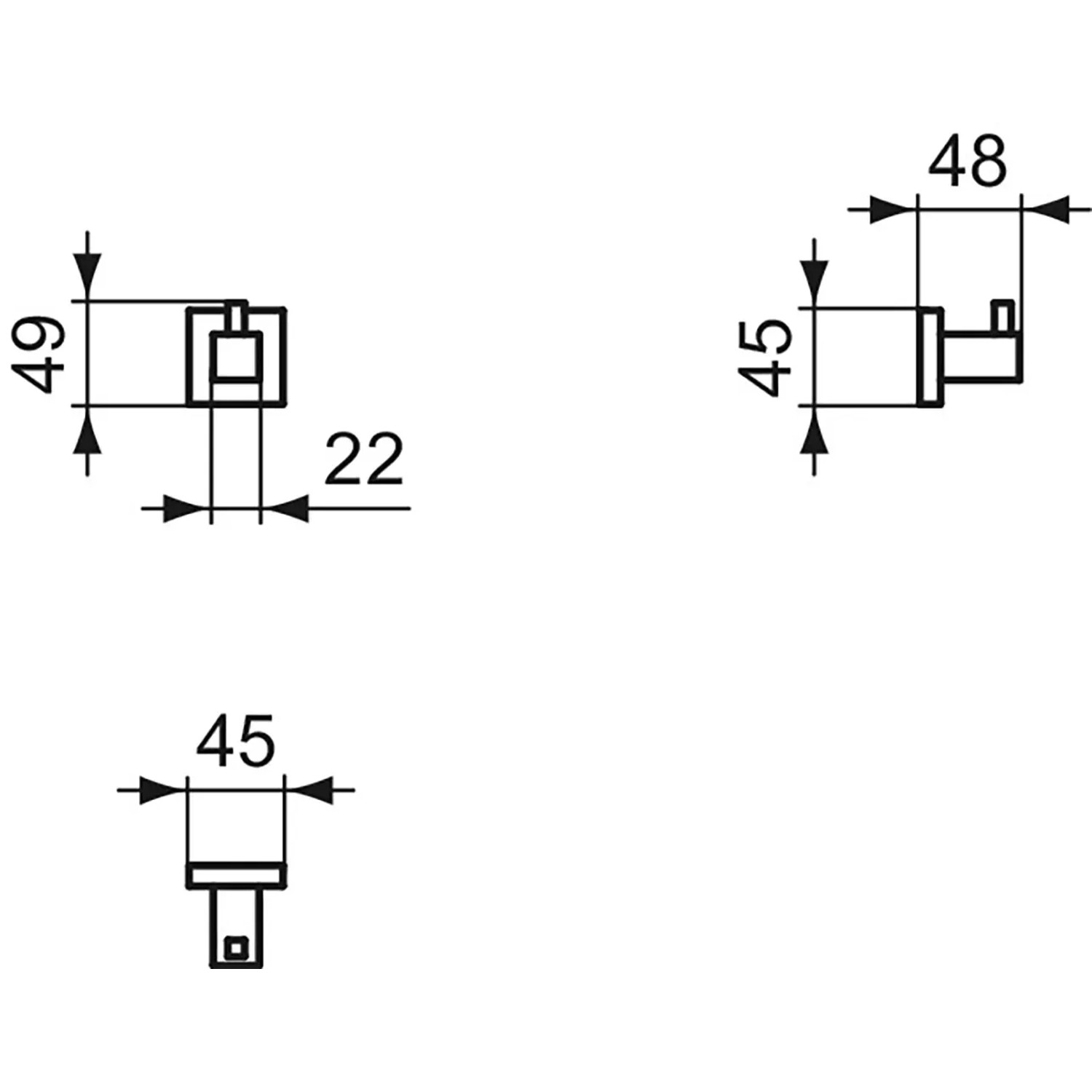 Detailzeichnung Ideal Standard IOM Cube Handtuchhaken, Chrom, mit Maßangaben.