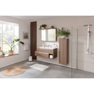 Modernes Badezimmer mit Fackelmann Waschbecken Vita, 101 cm, matt weiß, mit Unterschrank und Spiegelschrank.