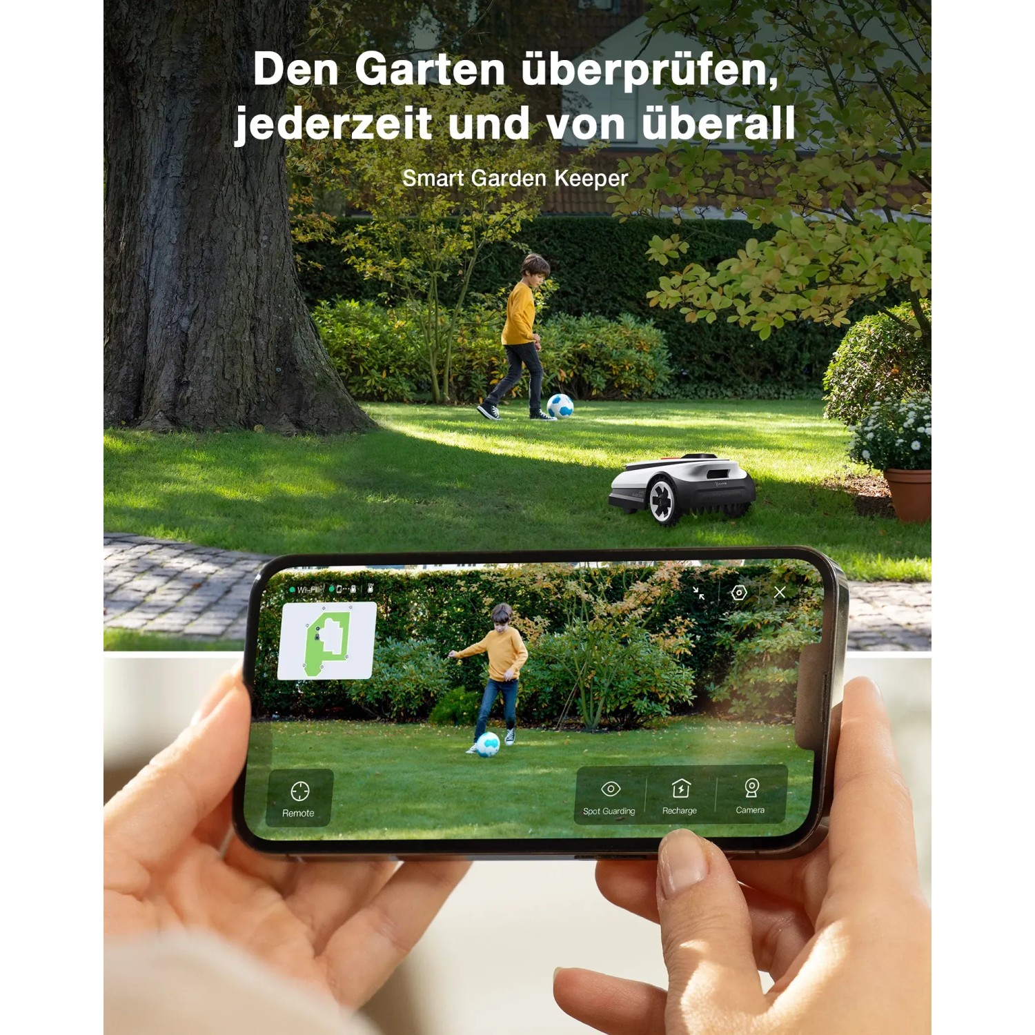 Ecovacs Goat O800 RTK Mähroboter im Einsatz, gesteuert per Smartphone-App.