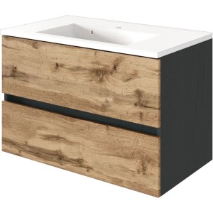 Held Möbel Einzelwaschtisch Bari 80 cm, Eiche Natur/Anthrazit, mit zwei Schubladen und Softclose.