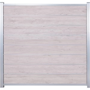 T & J Gotland WPC Steckzaun-Set, sandfarbene Lamellen, silberne Leisten, 180x175 cm.