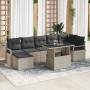 Hellgraues 8-tlg. vidaXL Garten-Sofa-Set aus Poly Rattan mit Tisch und Auflagen.