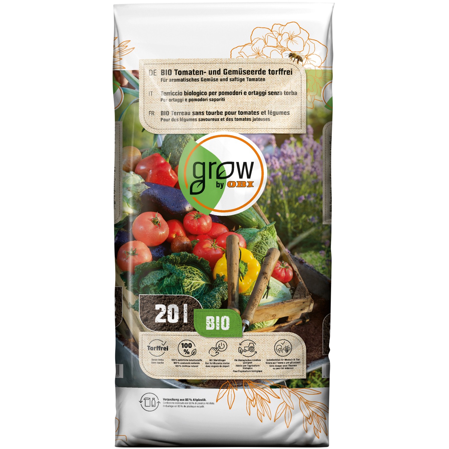 GROW by OBI BIO Tomaten- und Gemüseerde torffrei, 20l