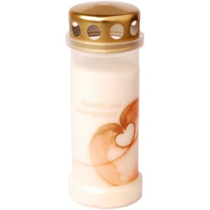 Weiße Grabkerze mit Herz-Motiv und goldenem Deckel. Dauerbrenner Nr. 6.