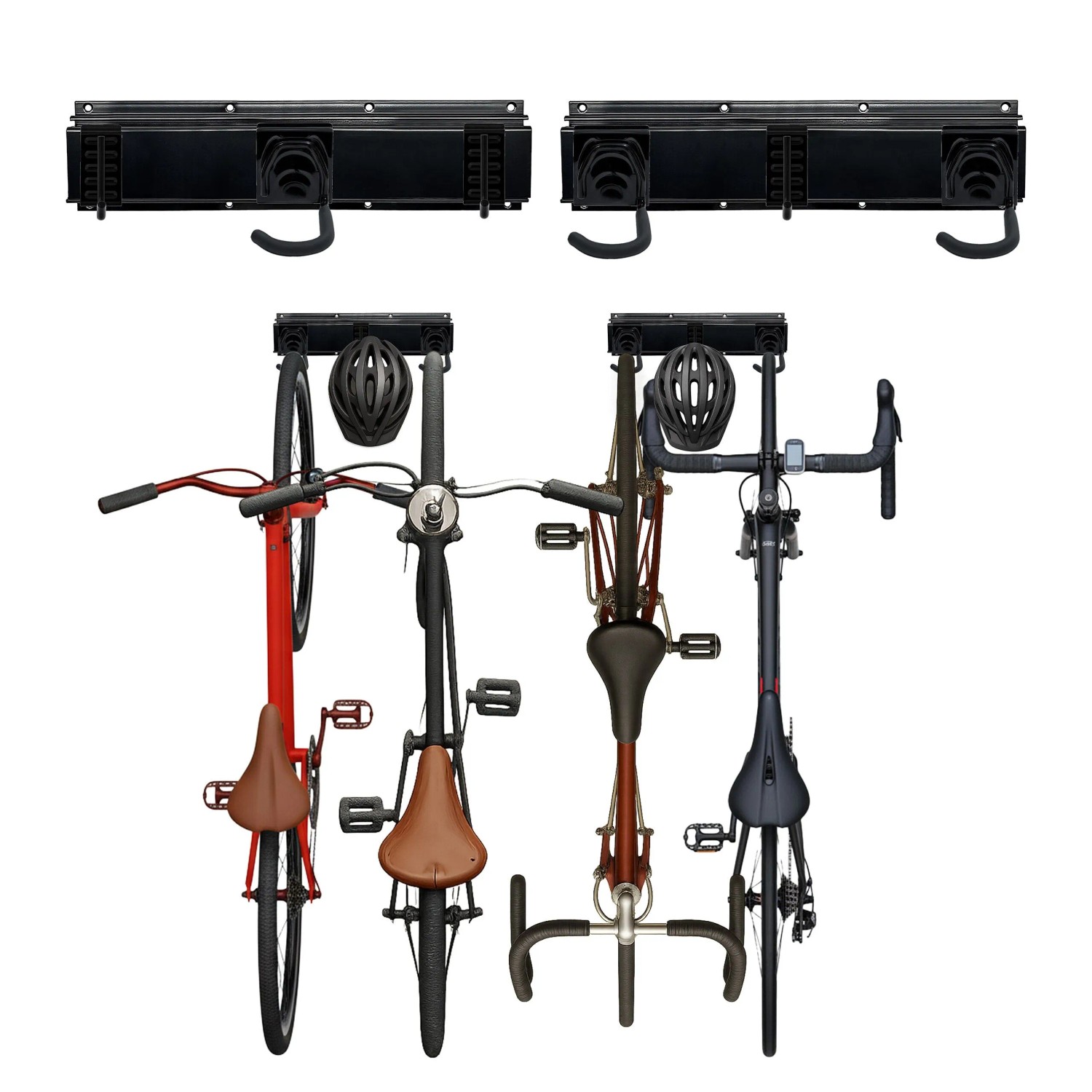 Relaxdays Fahrrad Wandhalterung mit Schiene Stahl Aluminium Kunststoff Schwarz Für 4 Fahrräder und 4 Helme 10 cm x 40,5 cm