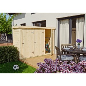 Kiehn-Holz Gartenschrank aus Fichte, unbehandelt, mit geöffneter Tür und Rasenmäher im Inneren.