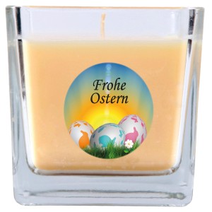 HS Candle Duftkerze Frohe Ostern im Glas, quadratisch, mit Ostereier-Motiv und Vanilleduft.
