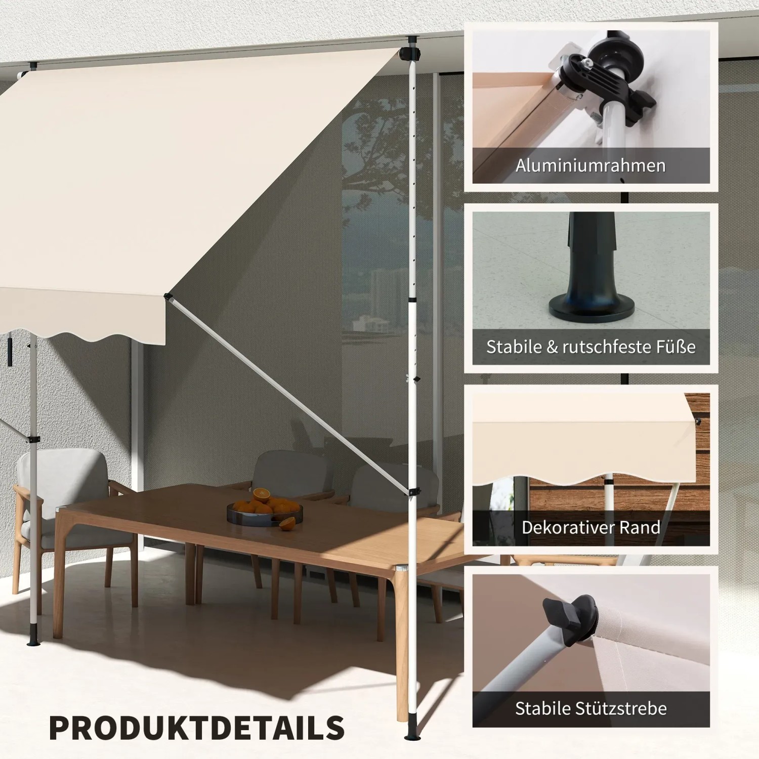 Beige Klemmmarkise von Outsunny mit Stahl- und Aluminiumrahmen, 300x150 cm. Ideal als Sonnenschutz.