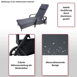 Anthrazitfarbene Poly-Rattan Sonnenliege Cesena mit hellgrünem Kissen und verstellbarer Rückenlehne.
