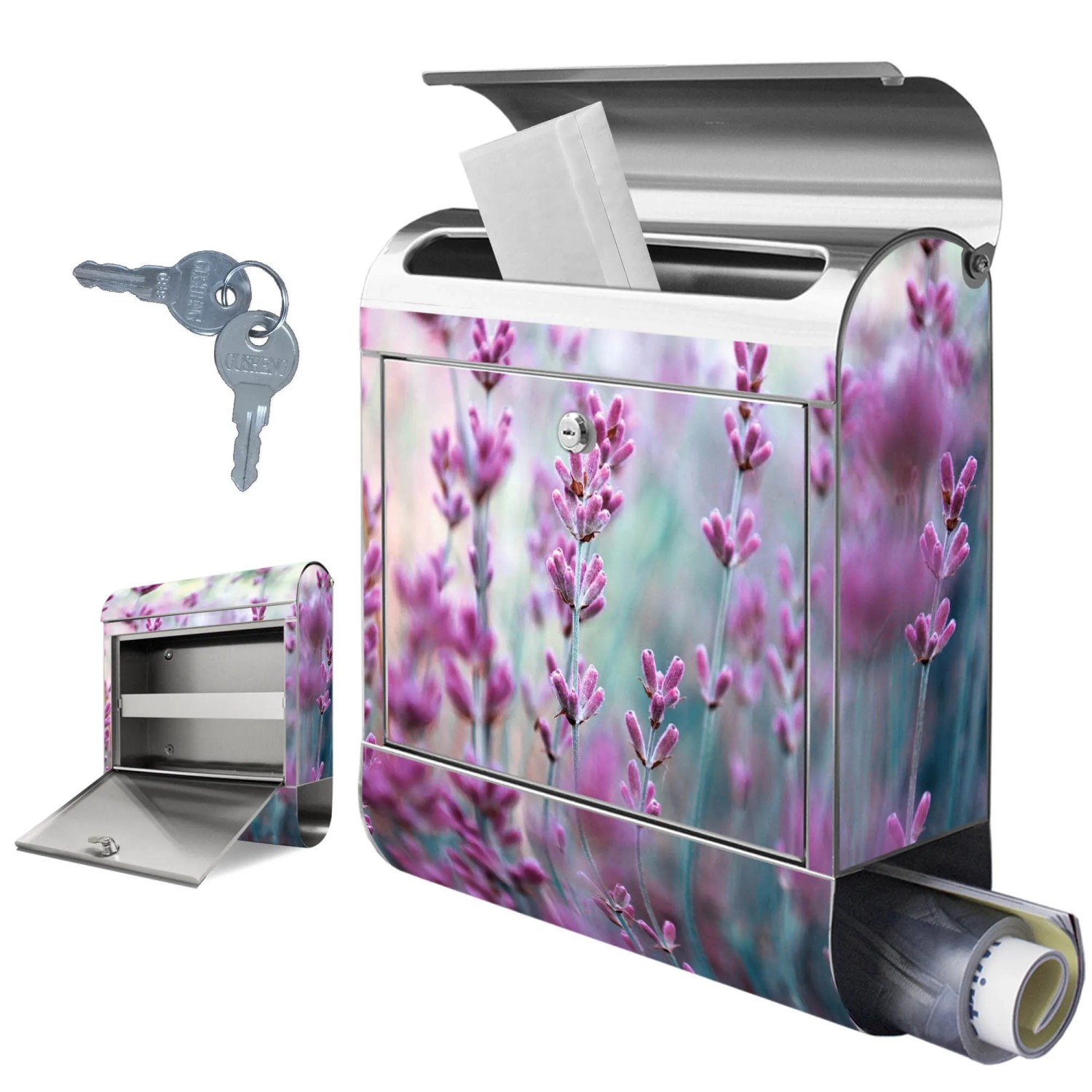 Edelstahl Briefkasten mit Lavendel Motiv, Zeitungsfach und Schlüssel. Rostfreier Wandbriefkasten.