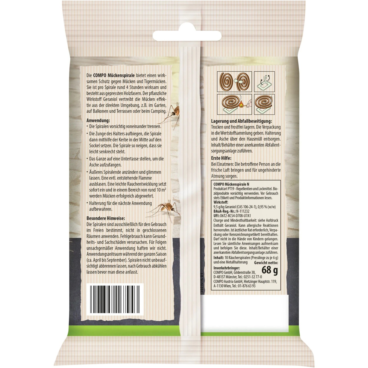 Compo Mückenspirale, 10 Stück im Pack, zur Mückenabwehr auf Terrasse und beim Camping.
