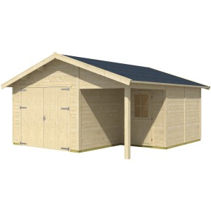 Skan Holz Holzgarage Varberg, 500x525 cm, Natur, mit Doppeltor und Einzeltür.