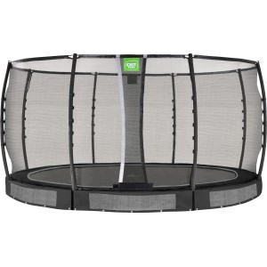 Schwarzes EXIT Allure Premium Bodentrampolin Ø 427 cm mit Sicherheitsnetz.